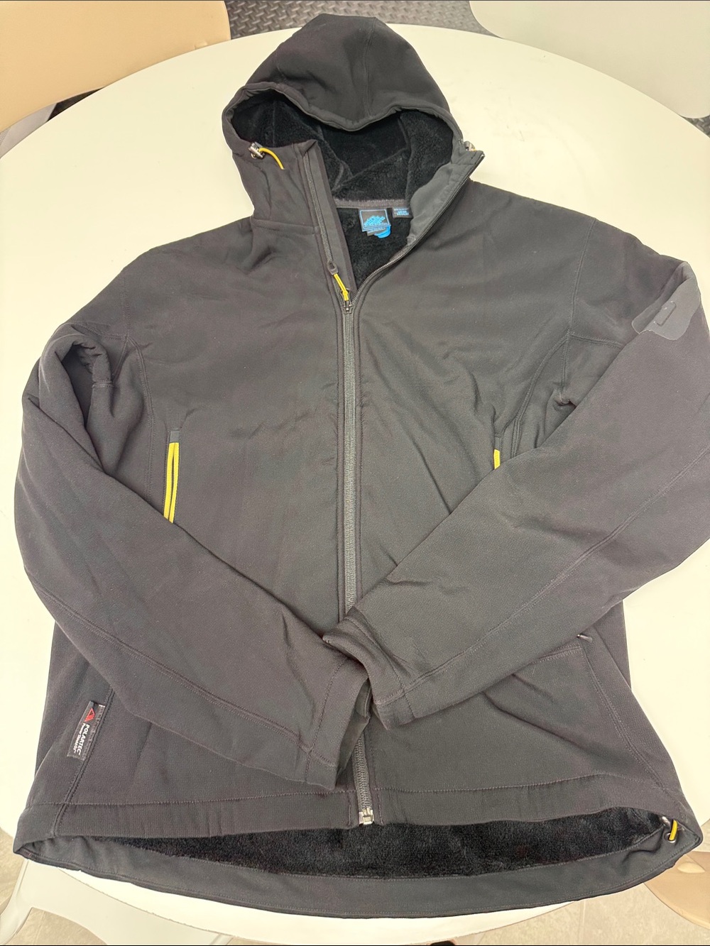 Eastern Mountain Sports Men’s Black Hooded Fleece Jacket with Yellow Accents